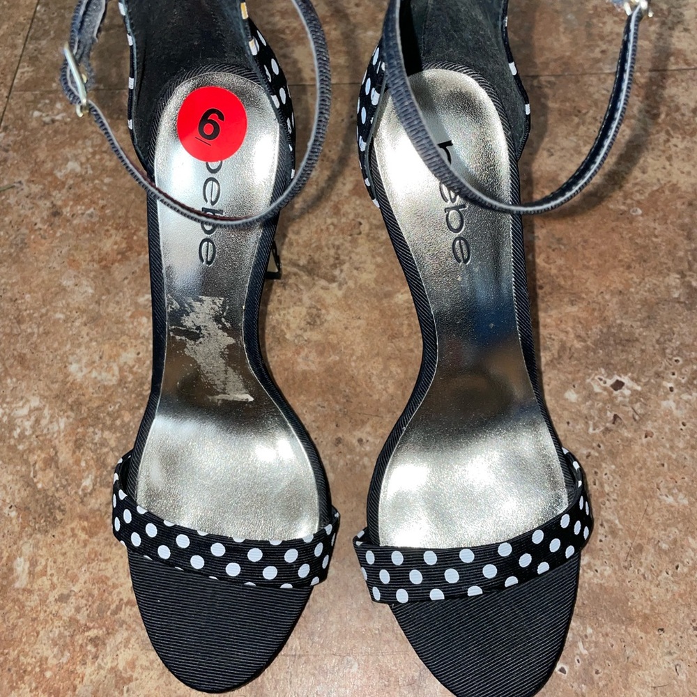 Bebe Ankle strap polka dot high heeled sandals. Black and white 4 inch